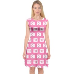 Pink Modern Chic Vector Camera Illustration Pattern Capsleeve Midi Dress by GardenOfOphir