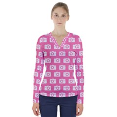 Pink Modern Chic Vector Camera Illustration Pattern V-neck Long Sleeve Top by GardenOfOphir