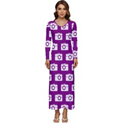 Modern Chic Vector Camera Illustration Pattern Long Sleeve Longline Maxi Dress by GardenOfOphir