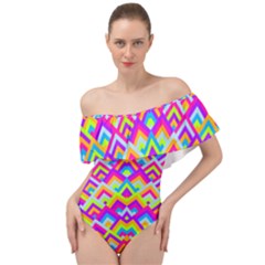Colorful Trendy Chic Modern Chevron Pattern Off Shoulder Velour Bodysuit  by GardenOfOphir