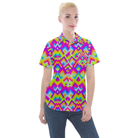 Colorful Trendy Chic Modern Chevron Pattern Women s Short Sleeve Pocket Shirt by GardenOfOphir