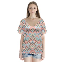 Trendy Chic Modern Chevron Pattern V-neck Flutter Sleeve Top by GardenOfOphir