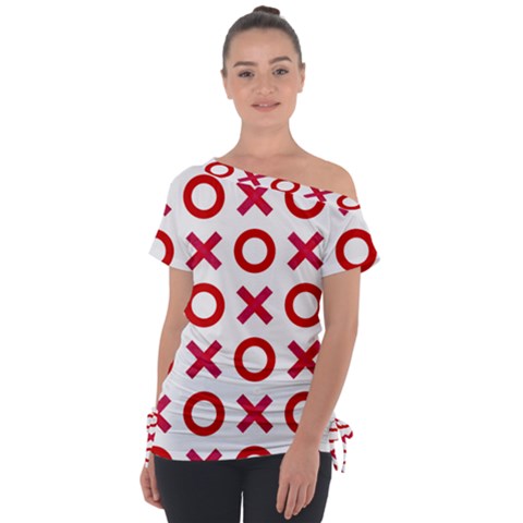 Pattern Xoxo Red White Love Off Shoulder Tie-up Tee by Jancukart