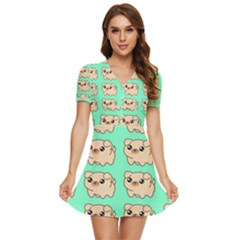 Puppy Pattern Dog Pet V-Neck High Waist Chiffon Mini Dress