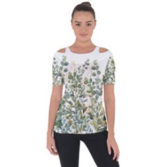 Gold And Green Eucalyptus Leaves Shoulder Cut Out Short Sleeve Top by Jack14