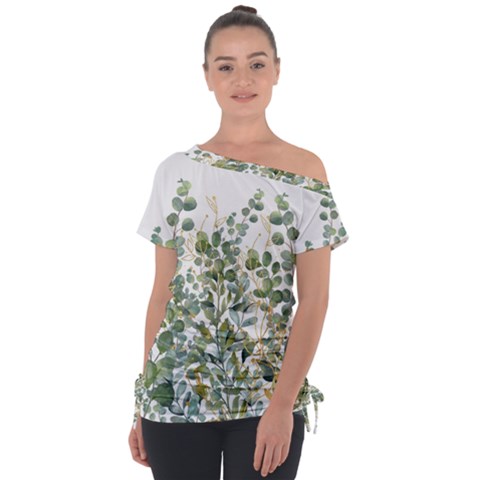 Gold And Green Eucalyptus Leaves Off Shoulder Tie-up Tee by Jack14