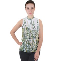 Gold And Green Eucalyptus Leaves Mock Neck Chiffon Sleeveless Top by Jack14