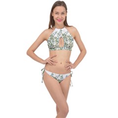 Gold And Green Eucalyptus Leaves Cross Front Halter Bikini Set by Jack14