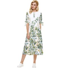 Gold And Green Eucalyptus Leaves Bow Sleeve Chiffon Midi Dress