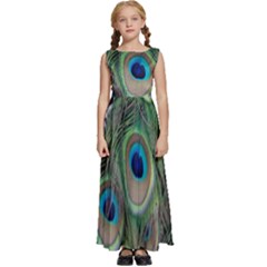 Peacock Bird Feather Colourful Kids  Satin Sleeveless Maxi Dress