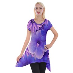 Pattern Floral Flora Flower Flowers Blue Violet Patterns Short Sleeve Side Drop Tunic