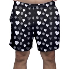 Hearts Snowflakes Black Background Men s Shorts