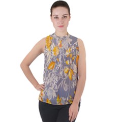 Fabric Floral Background Mock Neck Chiffon Sleeveless Top