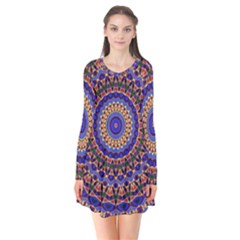 Mandala Kaleidoscope Background Long Sleeve V-neck Flare Dress