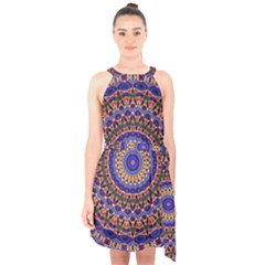 Mandala Kaleidoscope Background Halter Collar Waist Tie Chiffon Dress