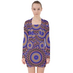 Mandala Kaleidoscope Background V-neck Bodycon Long Sleeve Dress