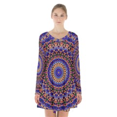 Mandala Kaleidoscope Background Long Sleeve Velvet V-neck Dress