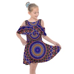 Mandala Kaleidoscope Background Kids  Shoulder Cutout Chiffon Dress