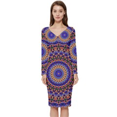 Mandala Kaleidoscope Background Long Sleeve V-Neck Bodycon Dress 