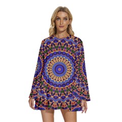 Mandala Kaleidoscope Background Round Neck Long Sleeve Bohemian Style Chiffon Mini Dress
