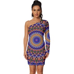 Mandala Kaleidoscope Background Long Sleeve One Shoulder Mini Dress