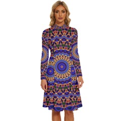 Mandala Kaleidoscope Background Long Sleeve Shirt Collar A-Line Dress