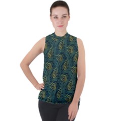 Pattern Abstract Green Texture Mock Neck Chiffon Sleeveless Top