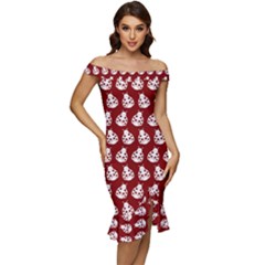 Ladybug Vector Geometric Tile Pattern Off Shoulder Ruffle Split Hem Bodycon Dress