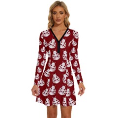 Ladybug Vector Geometric Tile Pattern Long Sleeve Deep V Mini Dress 