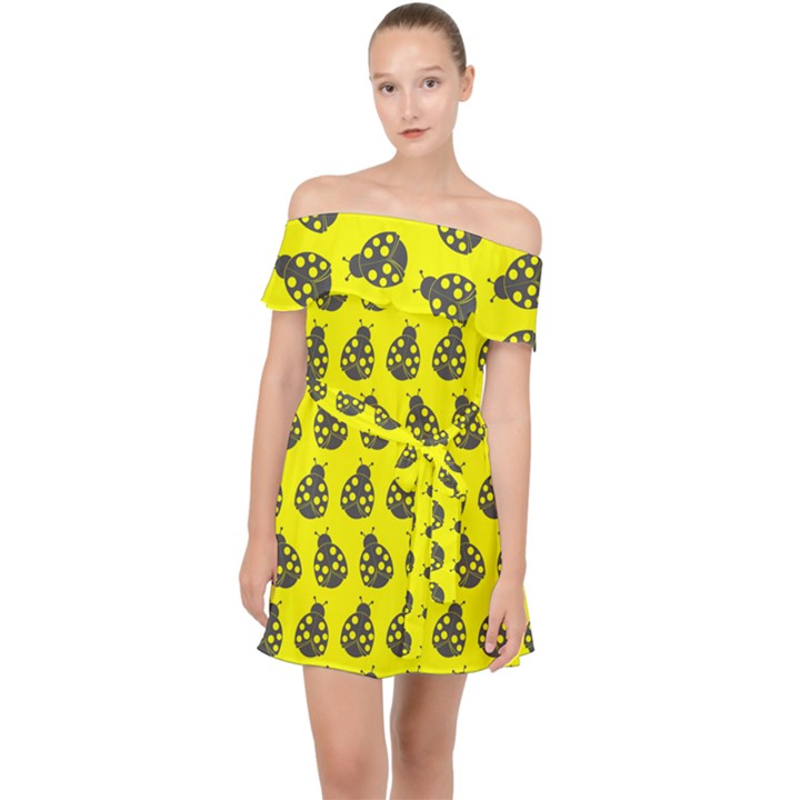 Ladybug Vector Geometric Tile Pattern Off Shoulder Chiffon Dress