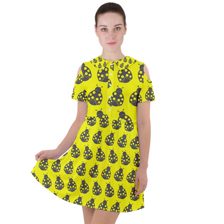 Ladybug Vector Geometric Tile Pattern Short Sleeve Shoulder Cut Out Dress 