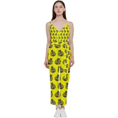 Ladybug Vector Geometric Tile Pattern V-neck Spaghetti Strap Tie Front Jumpsuit