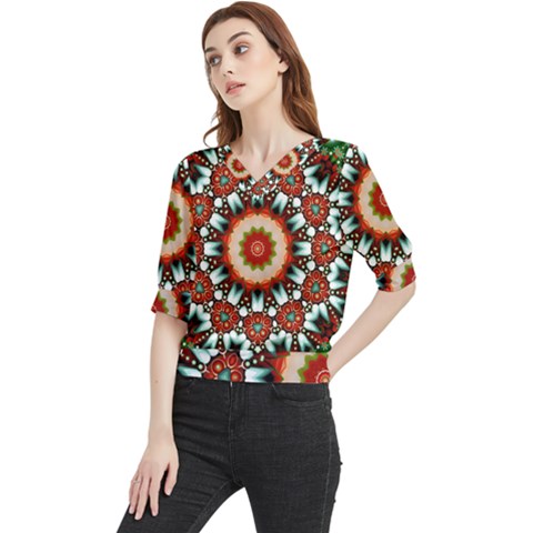 Kaleidoscope Floral Pattern Rosette Quarter Sleeve Blouse by Jancukart