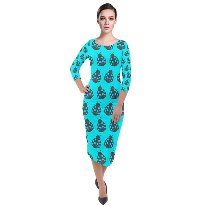 Ladybug Vector Geometric Tile Pattern Quarter Sleeve Midi Velour Bodycon Dress