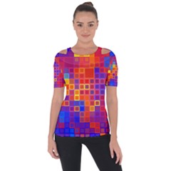 Squares Geometric Colorful Fluorescent Shoulder Cut Out Short Sleeve Top by Jancukart