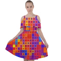 Squares Geometric Colorful Fluorescent Cut Out Shoulders Chiffon Dress