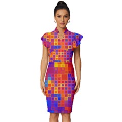 Squares Geometric Colorful Fluorescent Vintage Frill Sleeve V-neck Bodycon Dress