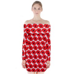 Red Peony Flower Pattern Long Sleeve Off Shoulder Dress by GardenOfOphir