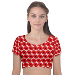 Red Peony Flower Pattern Velvet Short Sleeve Crop Top  by GardenOfOphir