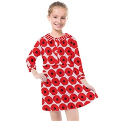 Red Peony Flower Pattern Kids  Quarter Sleeve Shirt Dress by GardenOfOphir