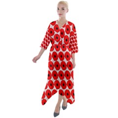 Red Peony Flower Pattern Quarter Sleeve Wrap Front Maxi Dress