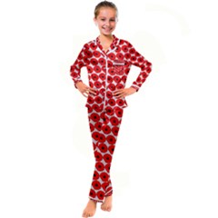 Red Peony Flower Pattern Kid s Satin Long Sleeve Pajamas Set by GardenOfOphir