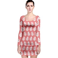 Coral And White Lady Bug Pattern Long Sleeve Bodycon Dress