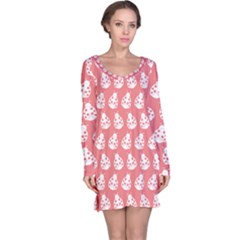 Coral And White Lady Bug Pattern Long Sleeve Nightdress