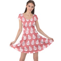 Coral And White Lady Bug Pattern Cap Sleeve Dress