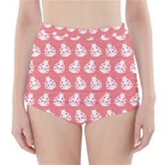 Coral And White Lady Bug Pattern High-Waisted Bikini Bottoms