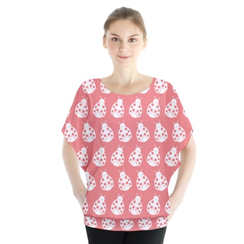 Coral And White Lady Bug Pattern Batwing Chiffon Blouse by GardenOfOphir