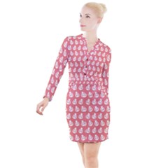 Coral And White Lady Bug Pattern Button Long Sleeve Dress