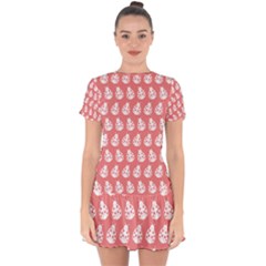 Coral And White Lady Bug Pattern Drop Hem Mini Chiffon Dress