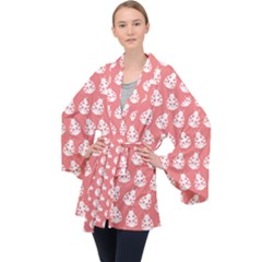 Coral And White Lady Bug Pattern Long Sleeve Velvet Kimono 